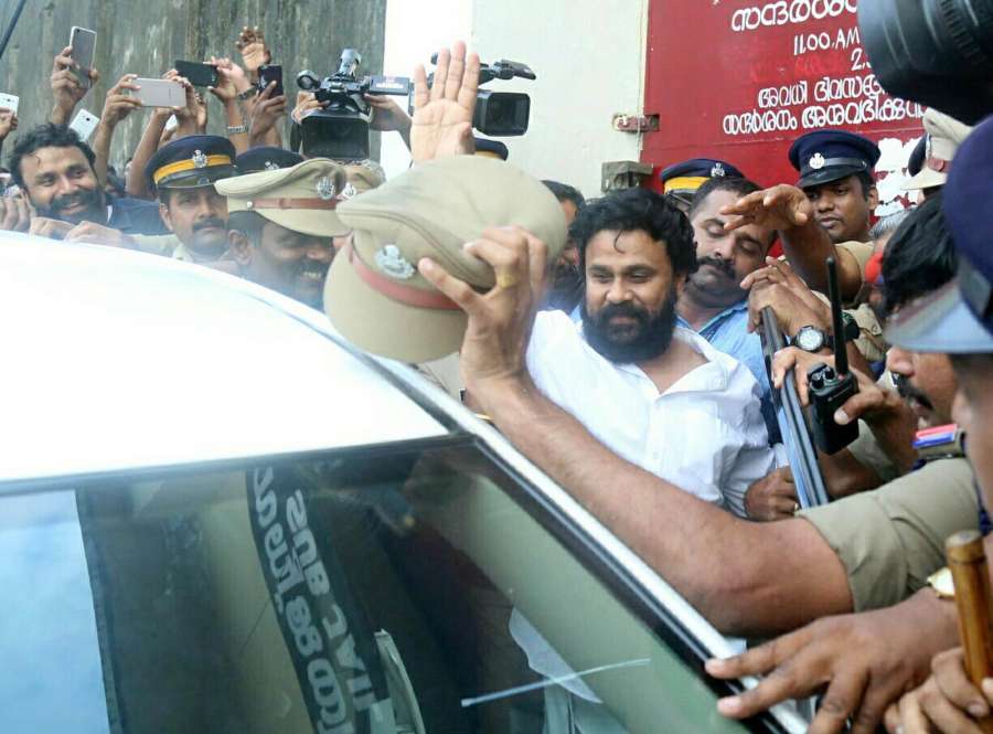 Aluva: Malayali actor Dileep, arrested for alleged involvement in the kidnapping of an actress, comes out of Aluva sub-jail after being granted bail by the Kerala High Court on Oct 3, 2017. The actor left Aluva sub-jail to loud cheers from hundreds of his fans. (Photo: IANS) by .