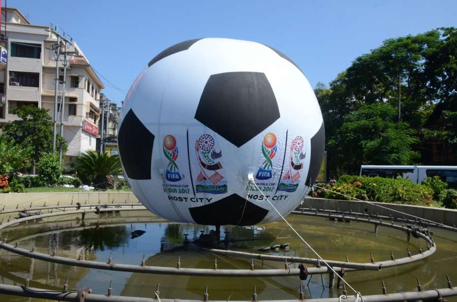 Guwahati: A view of a giant football installed at a Guwahati roundabout ahead of the FIFA U-17 World Cup India 2017 on Oct 5, 2017. (Photo: IANS) by .