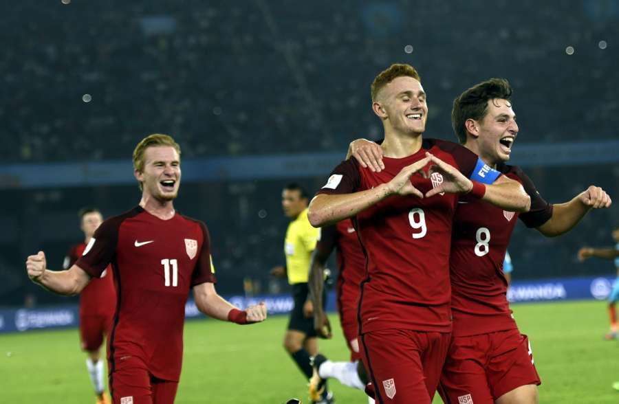 New Delhi: Josh Sargent of USA celebrates with team mates after scoring a goal during a FIFA U-17 World Cup 2017 Group A match between India and USA at Jawaharlal Nehru Stadium in New Delhi, on Oct 6, 2017. (Photo: IANS) by .