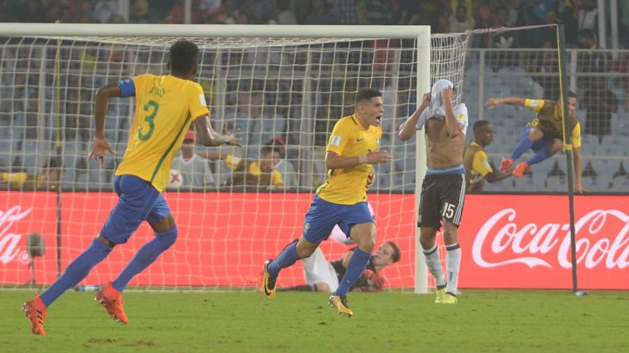Kolkata: Paulinho of Brazil celebratesafter winning​ FIFA U17 World Cup 2017 Quarter Final match against Germany at Salt Lake Stadium in Kolkata, on Oct 22, 2017. (Photo: Kuntal Chakrabarty/IANS)​ by .