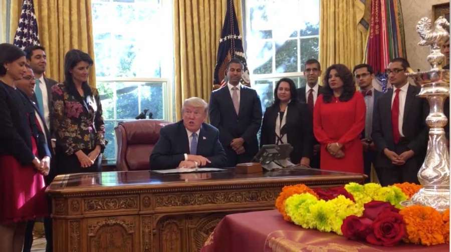 Washington: A screen grab from a video shared by US President Donald Trump on Facebook where he is seen celebrating Diwali in the Oval Office of White House on Oct 17, 2017. (Photo: Facebook/@DonaldTrump) by .