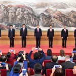 BEIJING, Oct. 25, 2017 (Xinhua) -- Xi Jinping (C), general secretary of the Central Committee of the Communist Party of China (CPC), and the other newly-elected members of the Standing Committee of the Political Bureau of the 19th CPC Central Committee Li Keqiang (3rd R), Li Zhanshu (3rd L), Wang Yang (2nd R), Wang Huning (2nd L), Zhao Leji (1st R) and Han Zheng, meet the press at the Great Hall of the People in Beijing, capital of China, Oct. 25, 2017. (Xinhua/Li Tao/IANS) by . 