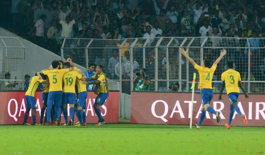 Kolkata: Brazilian players celebrate after winning​ FIFA U17 World Cup 2017 Quarter Final match against Germany at Salt Lake Stadium in Kolkata, on Oct 22, 2017. (Photo: Kuntal Chakrabarty/IANS)​ by .