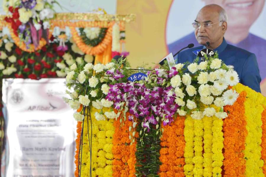 Velagapudi: President Ram Nath Kovind addresses during the inauguration of Andhra Pradesh Fibregrid, Andhra Pradesh Surveillance Project, Drone Project and FSOC in Velagapudi, Andhra Pradesh. (Photo: IANS/RB) by .