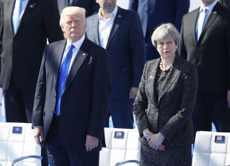 BRUSSELS, May 25, 2017 (Xinhua) -- U.S. President Donald Trump (L) and British Prime Minister Theresa May (R) attend the handover ceremony of the new NATO headquarters during a one-day NATO Summit, in Brussels, Belgium, May 25, 2017. (Xinhua/Ye Pingfan/IANS) by . 