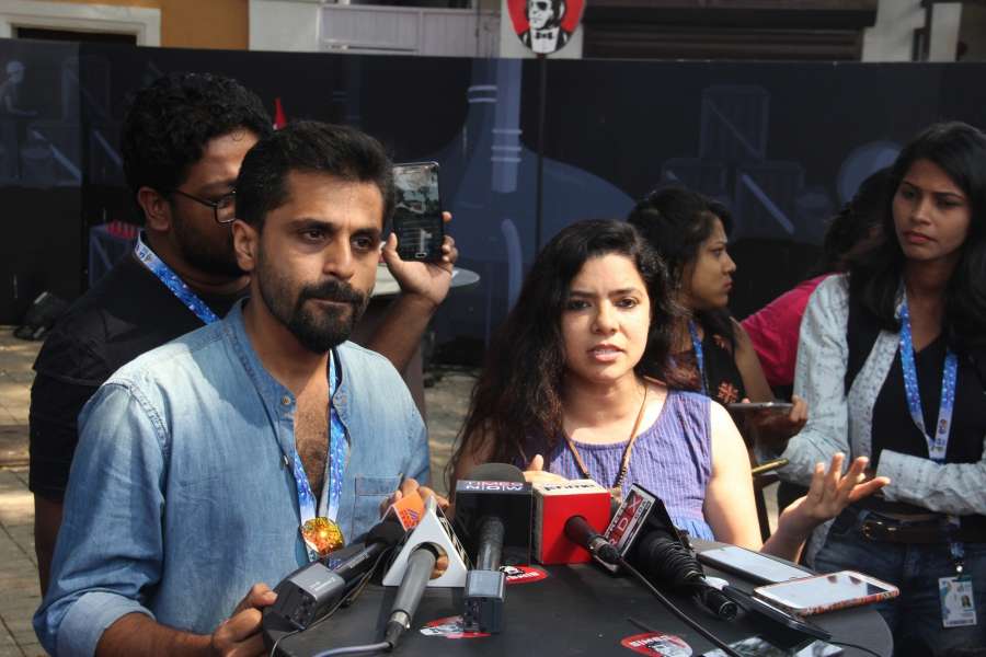 Panaji: Film 'S Durga' actors Khanan Nayar and Rajshree Deshpande address a press conference at 48th International Film Festival of India (IFFI-2017) in Panaji on Nov 23, 2017. (Photo: IANS) by .