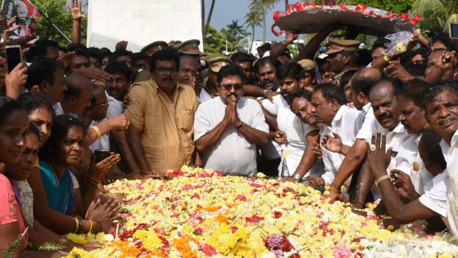 Chennai: Sidelined AIADMK leader T.T.V.Dinakaran visits the memorial of late Jayalalithaa in Chennai, on Dec 24, 2017. Dinakaran, who is contesting as an Independent candidate established an initial lead in the by-election for the Radhakrishnan Nagar (R.K.Nagar) constituency. By-poll was necessitated following the death of AIADMK leader and Chief Minister Jayalalithaa on December 5, 2016, who represented the seat. (Photo: IANS) by .