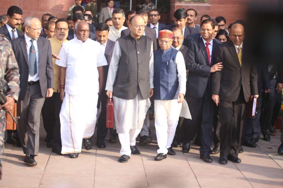 New Delhi: Arun Jaitley, Union Minister of Finance with Pratap Shukla, MOS (Finance), Pon. Radhakrishnan, MOS (Finance), Dr. Hasmukh Adhia, Finance Secretary and other officials at Finance Ministry before leaving for Parliament to present the Budget 2018-19 in Parliament on Feb. 1, 2018. (Photo: IANS) by . 