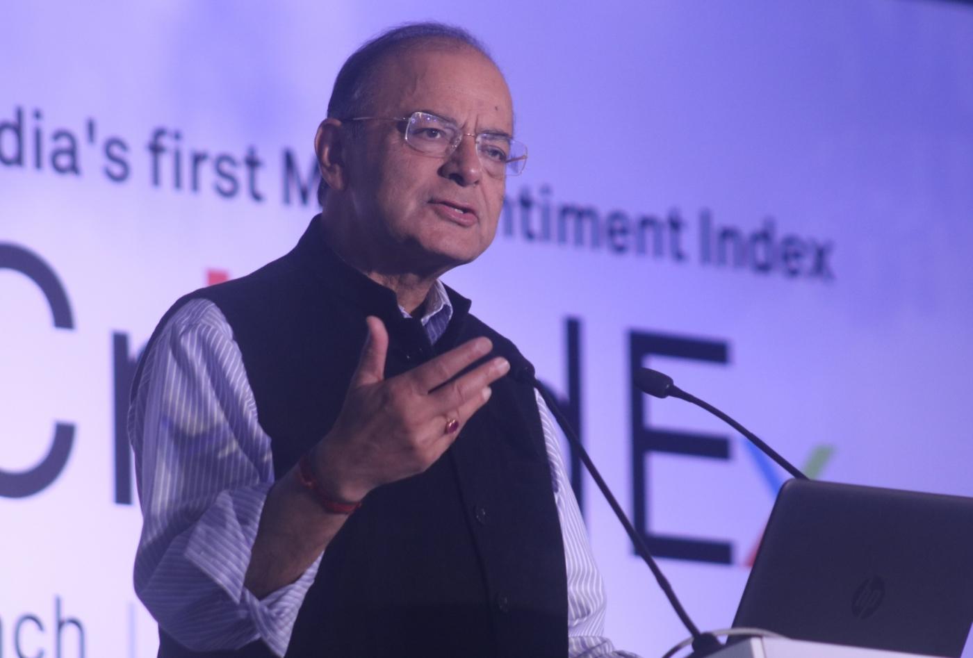 New Delhi: Union Finance Minister Arun Jaitley addresses during the launch of India's first sentiment index - CriSidEx, in New Delhi on Feb 3, 2018. (Photo: IANS) by . 