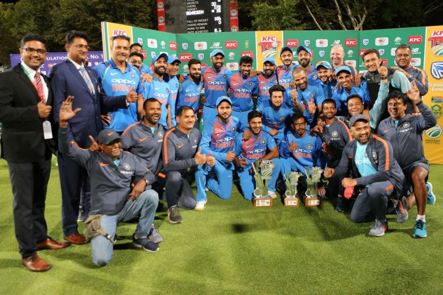 Cape Town: Team India pose with the trophy after winning the T20I series 3-1 against South Africa during post match presentation ceremony at the Newlands Cricket Ground in Cape Town, South Africa on Feb 24, 2018. (Photo: BCCI/IANS) (Credit Mandatory) by . 