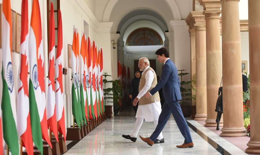 New Delhi: Prime Minister Narendra Modi with Canadian Prime Minister Justin Trudeau during a meeting at Hyderabad House, in New Delhi on Feb 23, 2018. (Photo: IANS/PIB) by . 