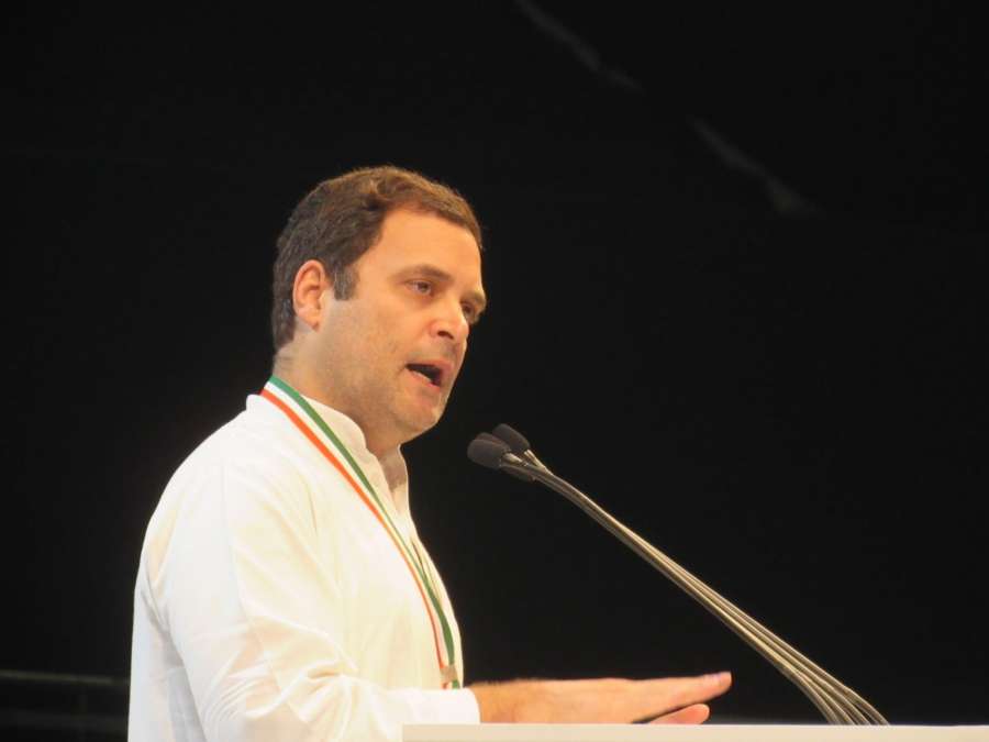 New Delhi: Congress President Rahul Gandhi addresses during the 84th plenary session of Indian National Congress at the Indira Gandhi Indoor Stadium in New Delhi on March 17, 2018. (Photo: IANS) by . 