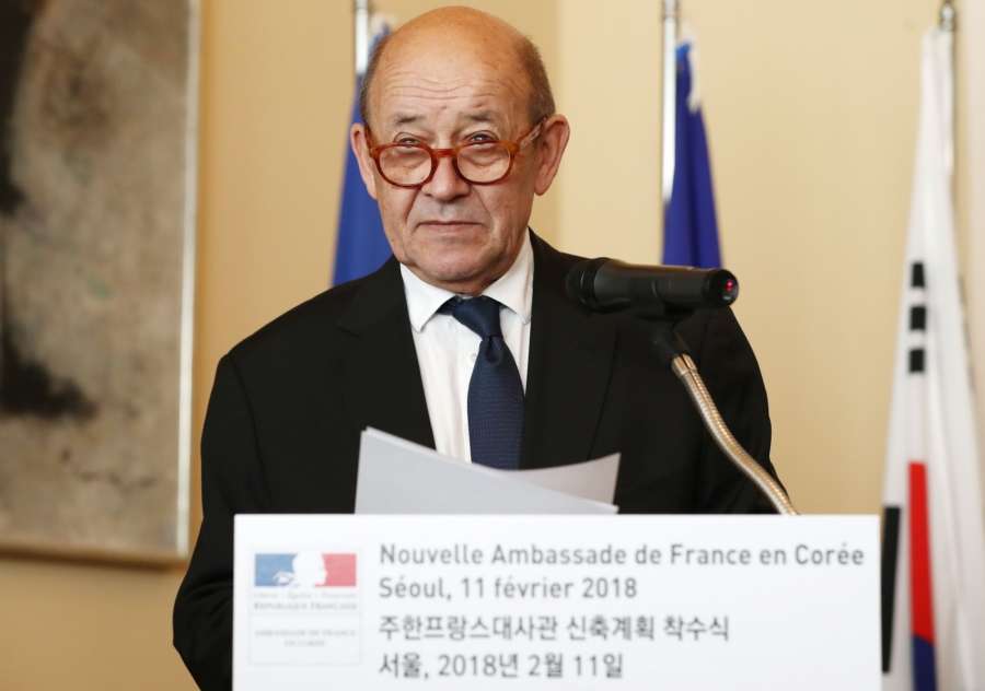 Seoul: French Foreign Minister Jean-Yves Le Drian speaks during a ceremony at the French Embassy in Seoul on Feb. 11, 2018, to mark the launch of a project to modernize the embassy building, scheduled to be completed by the end of next year. (Yonhap/IANS) by . 