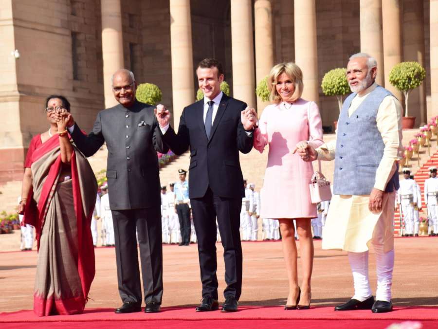 New Delhi: President Ram Nath Kovind, with his wife Savita Kovind, Prime Minister Narendra Modi receives Emmanuel Macron, President of France and First Lady Brigitte Macron during his ceremonial reception at forecourt in Rashtrapati Bhavan on March 10, 2018. (Photo: IANS) by . 