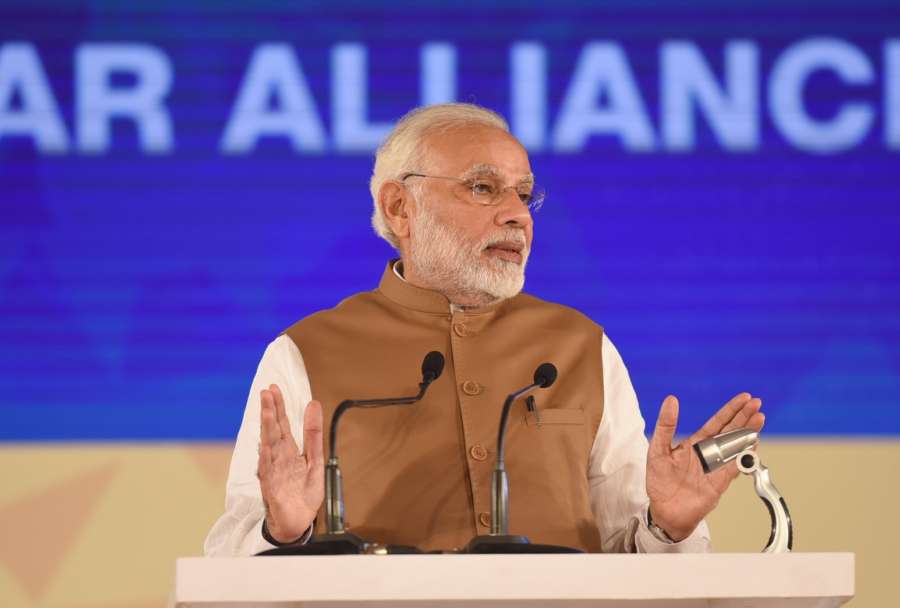 New Delhi: Prime Minister Narendra Modi addresses during the Founding Conference of International Solar Alliance (ISA) at Rashtrapati Bhavan in New Delhi on March 11, 2018. (Photo: IANS/PIB) by . 
