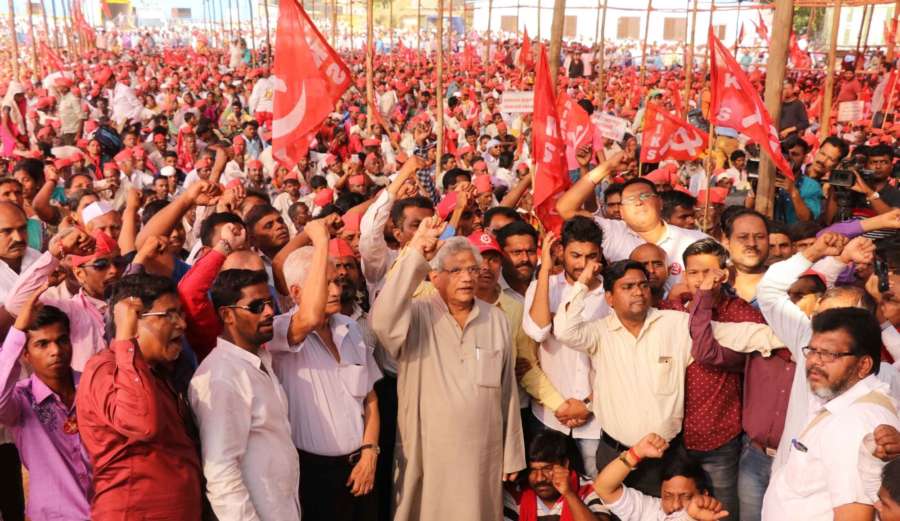 Mumbai: CPI-M General Secretary Sitaram Yechury joins farmers staging a demonstration at Azad Maidan in Mumbai, on March 12, 2018. The farmers, tribals and labourers, under the banner of All India Kisan Sabha, the farmers wing of the Communist Party of India (M), had marched nearly 200 km since March 6 and reached Mumbai late on Sunday, and to Azad Maidan at dawn on Monday. (Photo: Sandeep Mahankal/IANS) by . 