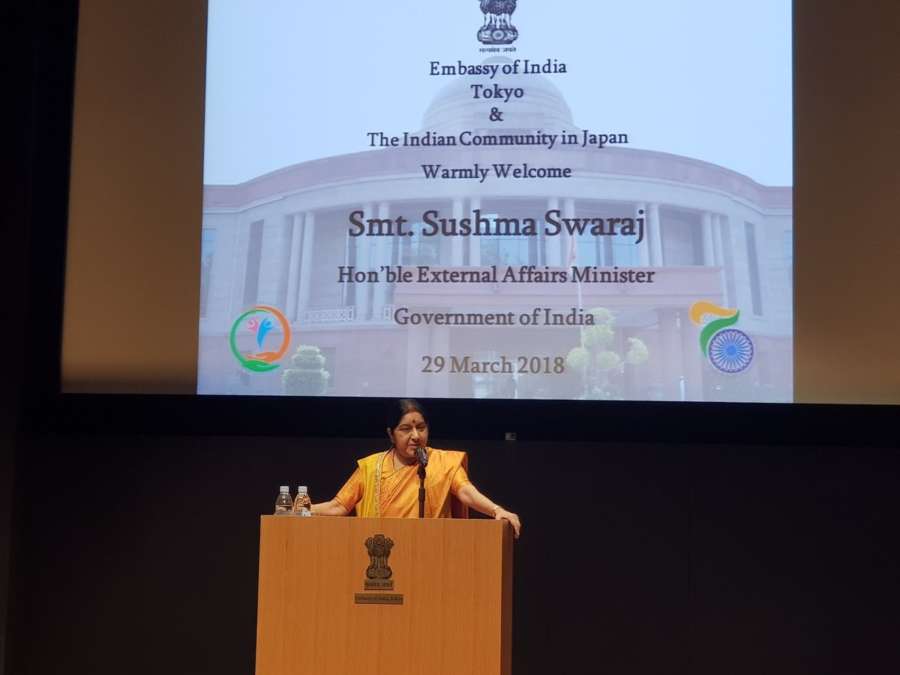 Tokyo: External Affairs Minister Sushma Swaraj addresses the Indian Community in Japan, in Tokyo on March 29, 2018. (Photo: IANS/MEA) by . 