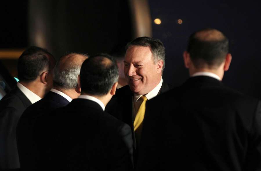 AMMAN, April 29, 2018 (Xinhua) -- U.S. Secretary of State Mike Pompeo (2nd R) arrives at the Queen Alia International Airport in Amman, Jordan, April 29, 2018. The newly-appointed U.S. Secretary of State Mike Pompeo on Sunday arrived in Jordan for a two-day visit as part of a Middle East tour that also covers Saudi Arabia and Israel. (Xinhua/Mohammad Abu Ghosh/IANS) by . 