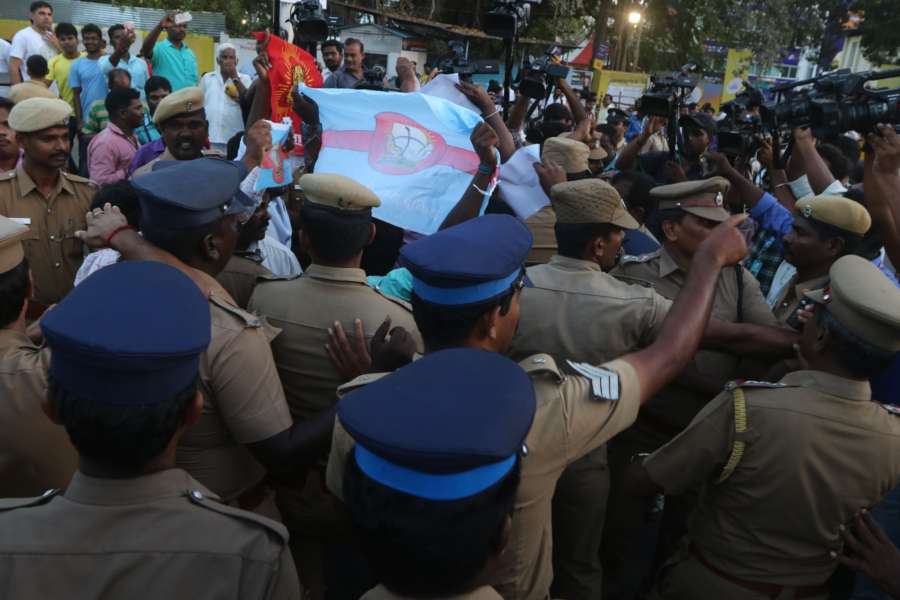 Chennai: Police stops people demanding Cauvery Management Board (CMB) from staging a demonstration against an IPL match between Chennai Super Kings (CSK) and Kolkata Knight Riders (KKR) scheduled to be held at Chepauk Stadium in Chennai on April 10, 2018. (Photo: IANS) by . 