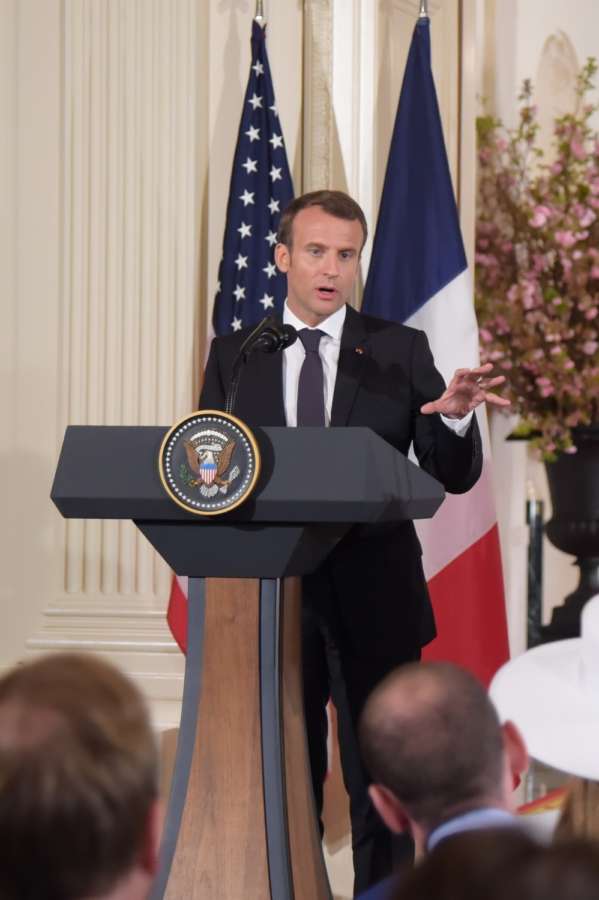 WASHINGTON, April 24, 2018 (Xinhua) -- French President Emmanuel Macron speaks at a joint press conference with U.S. President Donald Trump (not in the picture) at the White House in Washington D.C., the United States, April 24, 2018. Macron is on a state visit to the United States from Monday to Wednesday. (Xinhua/Yang Chenglin/IANS) by . 