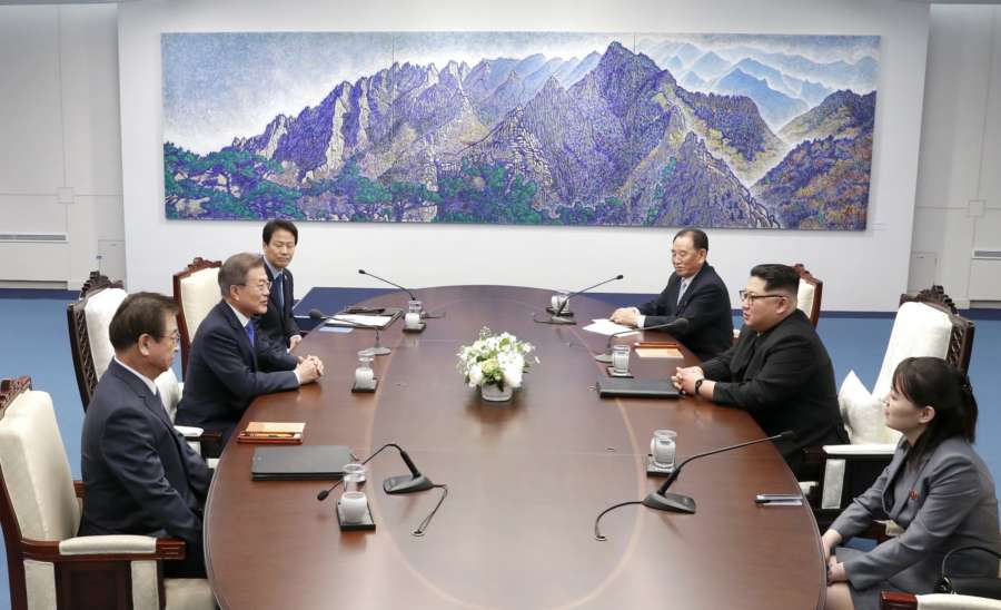 Panmunjom: South Korean President Moon Jae-in (2nd from L) and North Korean leader Kim Jong-un (2nd from R) hold talks at the Peace House of the truce village of Panmunjom on April 27, 2018.(Yonhap/IANS) by . 