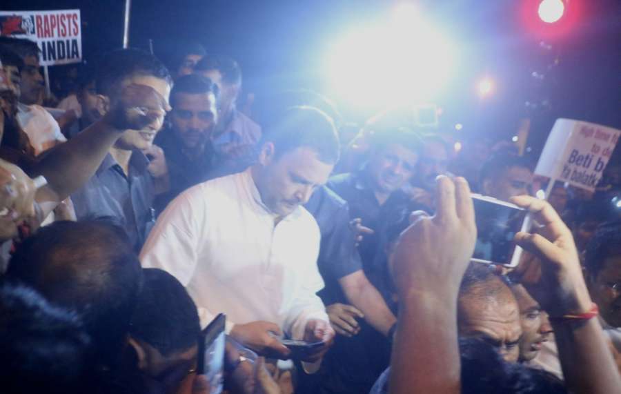 New Delhi: Congress President Rahul Gandhi leads a candlelight vigil to protest incidents of rape in Unnao (Uttar Pradesh) and Kathua (Jammu and Kashmir) at India Gate in New Delhi on April 12, 2018. (Photo: Bidesh Manna/IANS) by . 