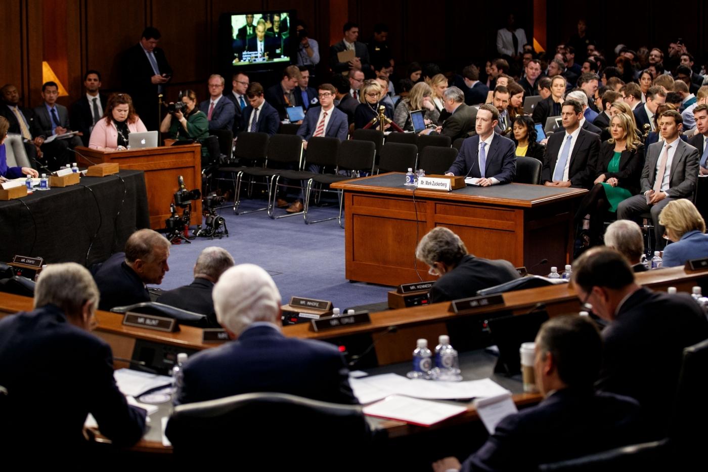 WASHINGTON, April 10, 2018 (Xinhua) -- Facebook CEO Mark Zuckerberg testifies at a joint hearing of the Senate Judiciary and Commerce committees on Capitol Hill in Washington D.C., United States, on April 10, 2018. Facebook CEO Mark Zuckerberg told Congress in written testimony on Monday that he is "responsible for" not preventing the social media platform from being used for harm, including fake news, foreign interference in elections and hate speech. (Xinhua/Ting Shen/IANS) by . 
