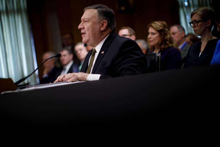 WASHINGTON, April 26, 2018 (Xinhua) -- File photo taken on April 12, 2018 shows that Mike Pompeo (Front) testifies before the Senate Foreign Relations Committee for his nomination to become the secretary of state on the Capitol Hill in Washington D.C., the United States. The U.S. Senate on April 26 narrowly confirmed Mike Pompeo as the new secretary of state to replace Rex Tillerson. (Xinhua/Ting Shen/IANS) by . 