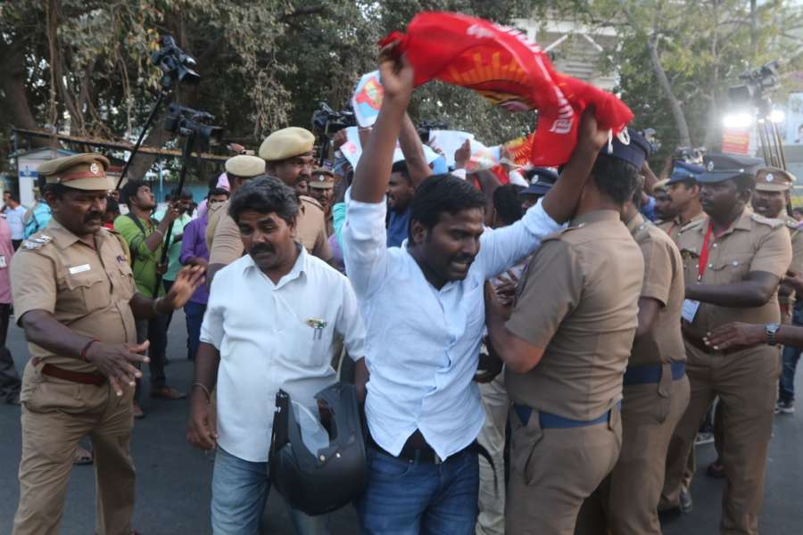 Chennai: People demanding the constitution of Cauvery Management Board (CMB) stage a demonstration against an IPL match between Chennai Super Kings (CSK) and Kolkata Knight Riders (KKR) scheduled to be held at Chepauk Stadium in Chennai on April 10, 2018. (Photo: IANS) by .