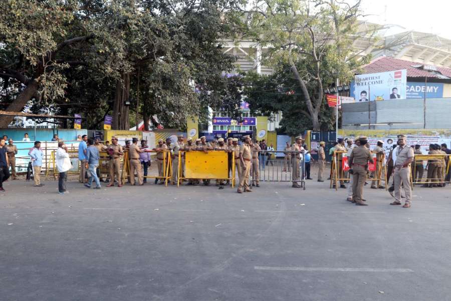 Chennai: Security beefed up ahead of an IPL match between Chennai Super Kings (CSK) and Kolkata Knight Riders (KKR), amid protests over Cauvery Management Board, outside Chepauk Stadium where the match is scheduled to be held, in Chennai on April 10, 2018. (Photo: IANS) by . 