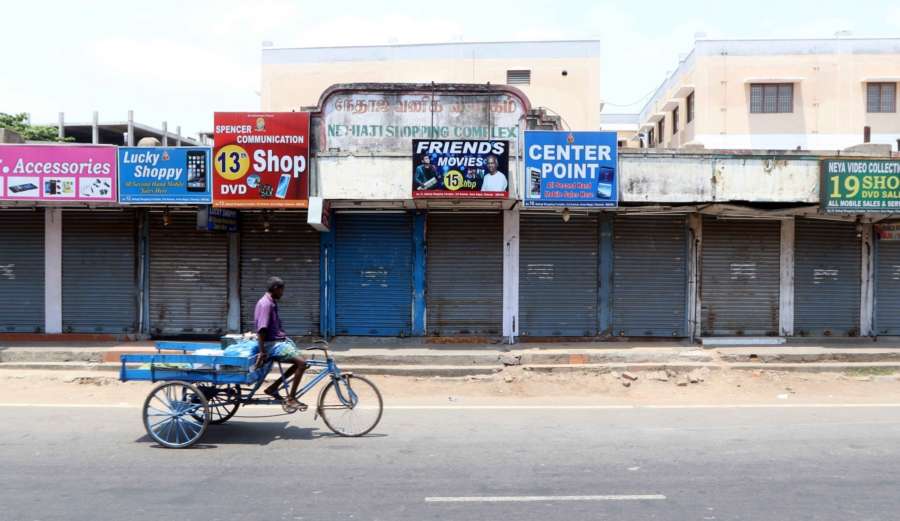 Chennai: Shops remain shut during a DMK-led shutdown strike over the Centre's failure to set up a Cauvery Management Board (CMB), in Chennai on April 5, 2018. (Photo: IANS) by . 