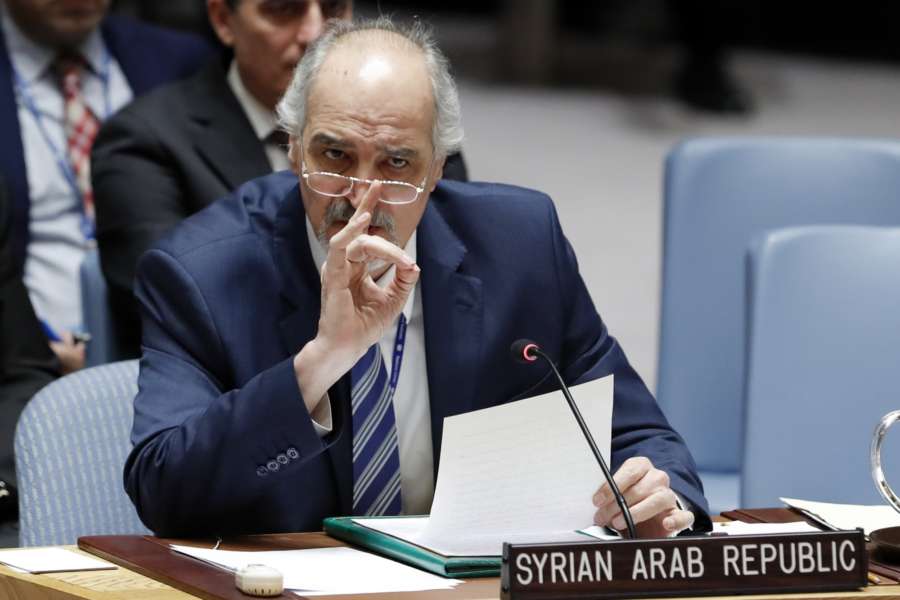 UNITED NATIONS, April 9, 2018 (Xinhua) -- Syrian Ambassador to the United Nations Bashar Ja'afari (front) addresses the UN Security Council meeting on the situation in Syria at the UN headquarters in New York, April 9, 2018. The Security Council held an emergency session on the situation in Syria, particularly after reports of the use of chemical weapons over the weekend in rebel-held Douma near the capital city of Damascus. (Xinhua/Li Muzi/IANS) by . 