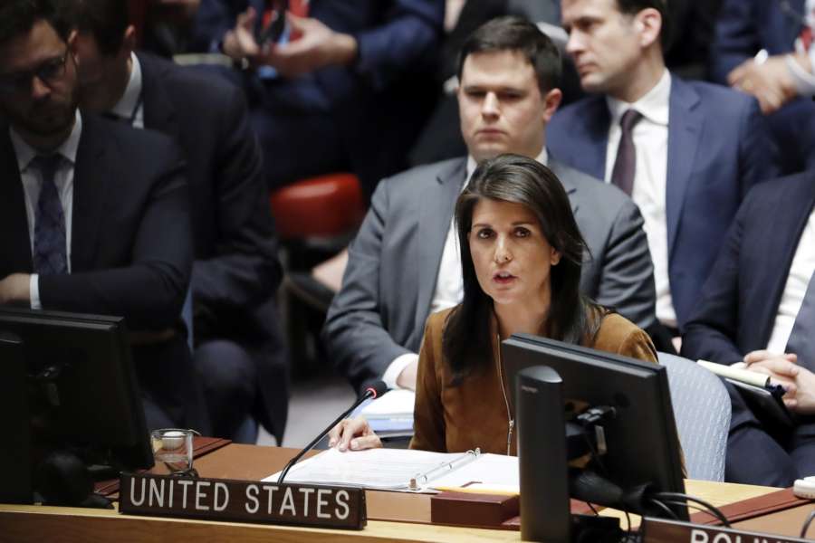 UNITED NATIONS, April 9, 2018 (Xinhua) -- U.S. Ambassador to the United Nations Nikki Haley (front) addresses the UN Security Council meeting on the situation in Syria at the UN headquarters in New York, April 9, 2018. The Security Council held an emergency session on the situation in Syria, particularly after reports of the use of chemical weapons over the weekend in rebel-held Douma near the capital city of Damascus. (Xinhua/Li Muzi/IANS) by . 