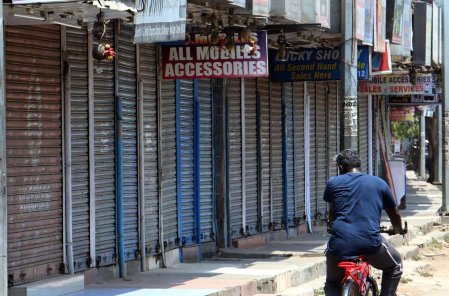 Chennai: Shops remain shut during a DMK-led shutdown strike over the Centre's failure to set up a Cauvery Management Board (CMB), in Chennai on April 5, 2018. (Photo: IANS) by . 