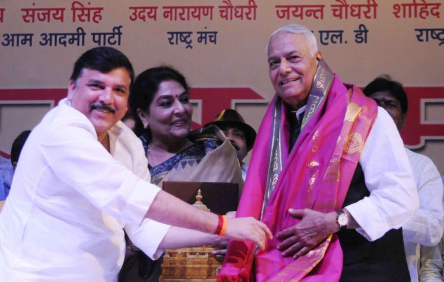 Patna: Former BJP leader Yashwant Sinha, Congress leader Renuka Choudhary and AAP leader Sanjay Singh during a meeting of the Rashtra Manch, in Patna on April 21, 2018. (Photo: IANS) by . 