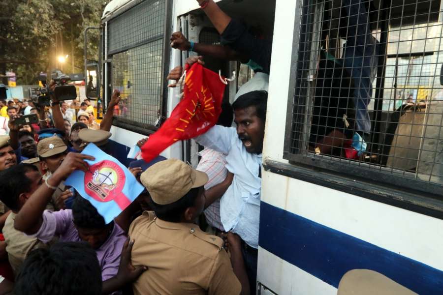 Chennai: People demanding the constitution of Cauvery Management Board (CMB) being taken away by police during their demonstration against an IPL match between Chennai Super Kings (CSK) and Kolkata Knight Riders (KKR) scheduled to be held at Chepauk Stadium in Chennai on April 10, 2018. (Photo: IANS) by . 