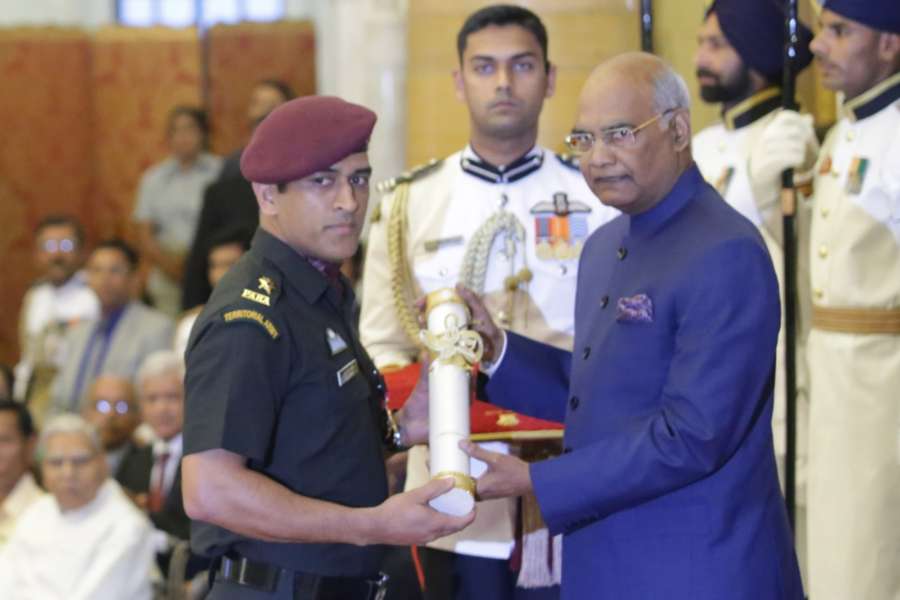 New Delhi: Indian cricketer MS Dhoni receives Padma Bhushan from President Ram Nath Kovind during a Civil Investiture Ceremony at Rashtrapati Bhavan on April 2, 2018. (Photo: Amlan Paliwal/IANS) by . 