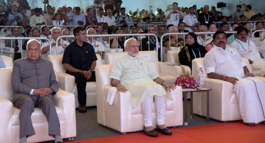 Chennai: Prime Minister Narendra Modi with Tamil Nadu Governor Banwarilal Purohit and Chief Minister Edappadi K. Palaniswami at the inauguration ceremony of DefExpo India 2018, at Mahabalipuram near Chennai on April 12, 2018. (Photo: IANS/PIB) by . 