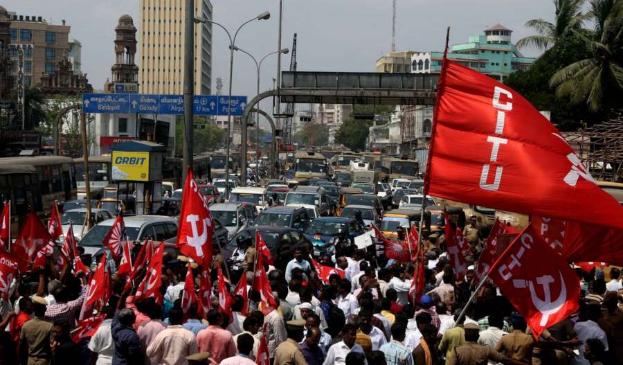 Chennai: Centre of Indian Trade Unions (CITU) workers block roads as they stage a demonstration during a DMK-led shutdown strike over the Centre's failure to set up a Cauvery Management Board (CMB), in Chennai on April 5, 2018. (Photo: IANS) by . 