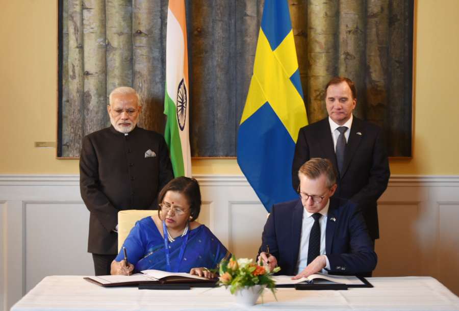 Stockholm: Prime Minister Narendra Modi and his Swedish counterpart Stefan Lofven witness the signing of Joint Innovation Partnership and announcement of adoption of the Joint Action Plan between India and Sweden, in Stockholm, Sweden on April 17, 2018. (Photo: IANS/PIB) by .