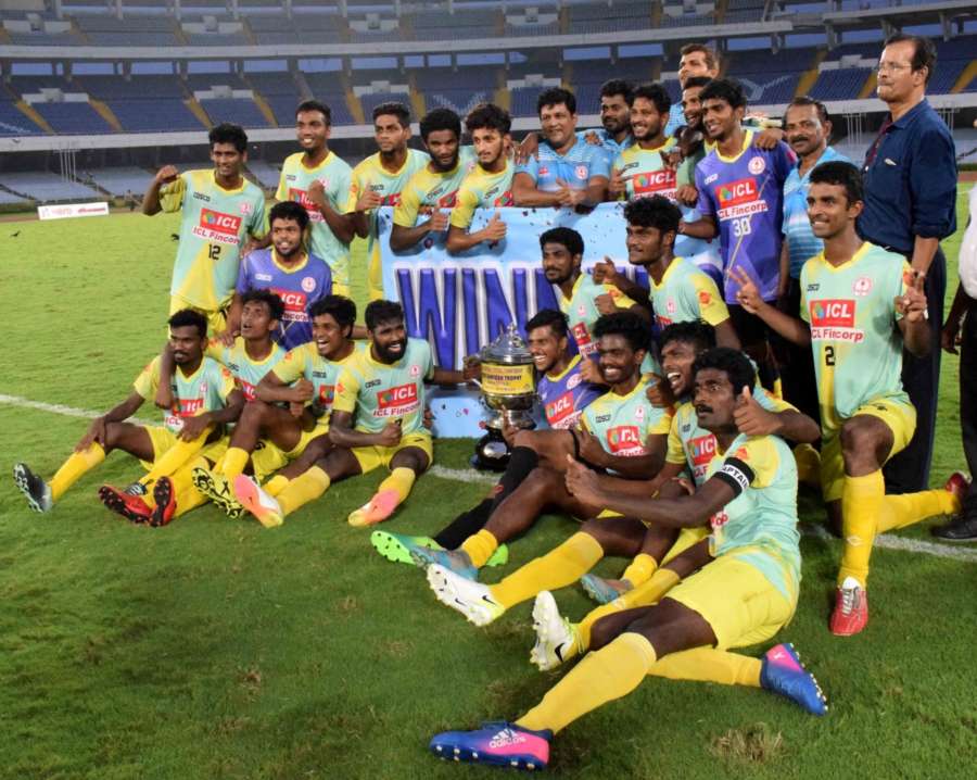 Kolkata: Players of Kerala with their Santosh Trophy after winning win the 72nd edition of the Santosh Trophy football tournament by beating defending champions Bengal 4-2 in the tie-breaker after the final ended 2-2 in extra time; at the Vivekananda Yuvabharati Krirangan in Kolkata on April 1, 2018 (Photo: IANS) by . 