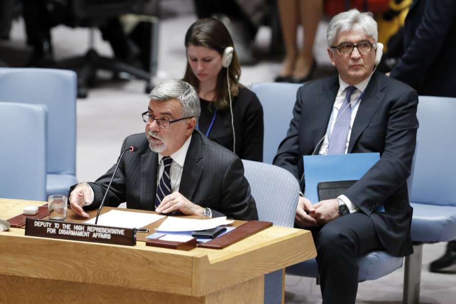 UNITED NATIONS, April 9, 2018 (Xinhua) -- Thomas Markram (front), deputy to United Nations Undersecretary-General for Disarmament Affairs Izumi Nakamitsu, briefs the UN Security Council meeting on the situation in Syria at the UN headquarters in New York, April 9, 2018. The Security Council held an emergency session on the situation in Syria, particularly after reports of the use of chemical weapons over the weekend in rebel-held Douma near the capital city of Damascus. (Xinhua/Li Muzi/IANS) by . 