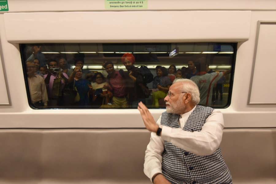 New Delhi: Prime Minister Narendra Modi takes Delhi Metro ride on his way to inaugurate Ambedkar National Memorial at 26 Alipur Road in New Delhi on April 13, 2018. (Photo: IANS/PIB) by . 