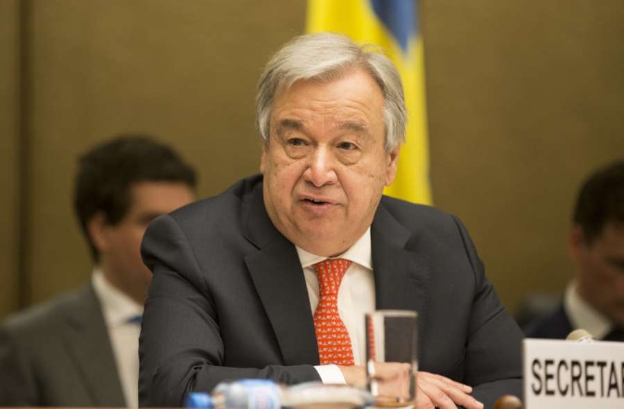 GENEVA, April 3, 2018 (Xinhua) -- UN Secretary-General Antonio Guterres delivers a speech during the High-Level Pledging Event for the Humanitarian Crisis in Yemen at Palais des Nations in Geneva, Switzerland, April 3, 2018. UN Secretary-General Antonio Guterres applauded Tuesday international pledges of more than 2 billion U.S. dollars in 2018 for the three-year-old crisis in Yemen. (Xinhua/Xu Jinquan/IANS) by . 