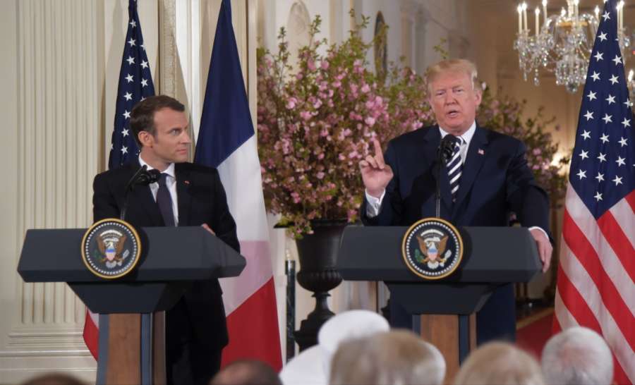 WASHINGTON, April 24, 2018 (Xinhua) -- U.S. President Donald Trump (R) and French President Emmanuel Macron attend a joint press conference at the White House in Washington D.C., the United States, April 24, 2018. Macron is on a state visit to the United States from Monday to Wednesday. (Xinhua/Yang Chenglin/IANS) by . 