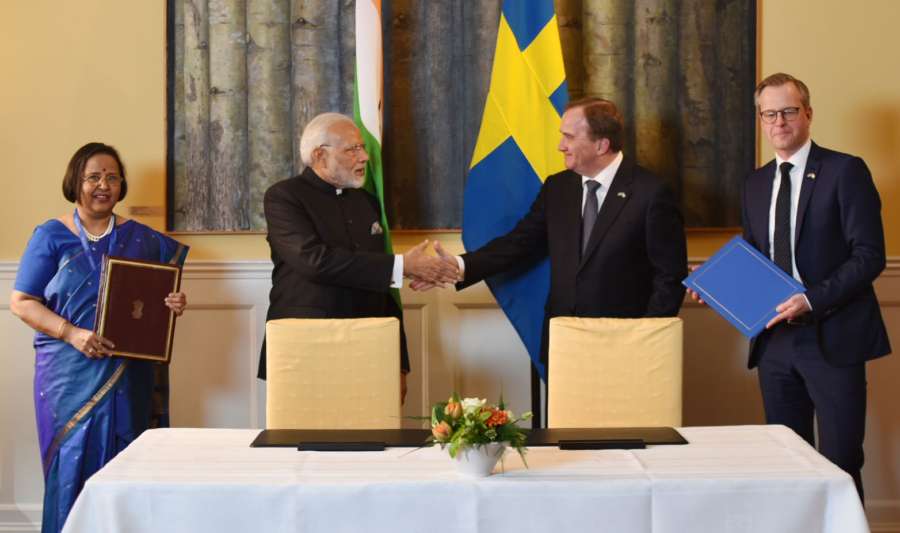 Stockholm: Prime Minister Narendra Modi and his Swedish counterpart Stefan Lofven at the signing of Joint Innovation Partnership and announcement of adoption of the Joint Action Plan between India and Sweden, in Stockholm, Sweden on April 17, 2018. (Photo: IANS/PIB) by . 