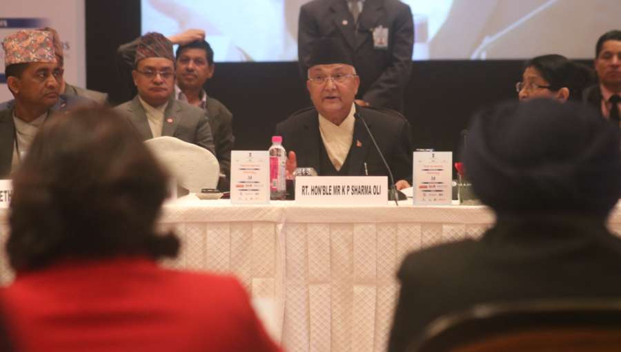 New Delhi: Nepal's Prime Minister KP Sharma Oli at India-Nepal Business Forum in New Delhi on April 6, 2018. (Photo: IANS) by . 
