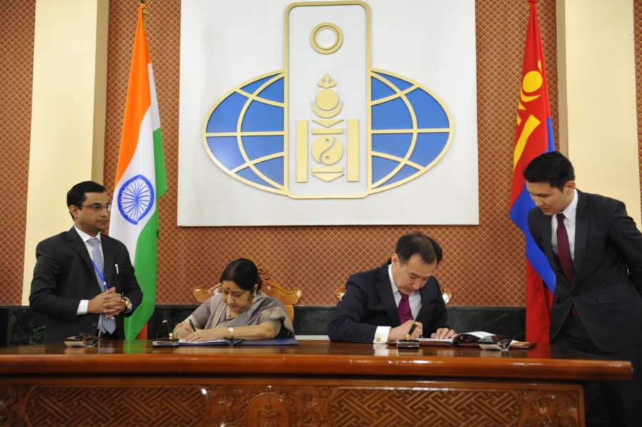 Ulaanbaatar (Mongolia): External Affairs Minister Sushma Swaraj and Foreign Minister of Mongolia Damdin Tsogtbaatar signs the cooperation agreement on April 25, 2018. Both discussed economic cooperation in areas such as infrastructure development, energy, services and IT and agreed to explore possibility of launching direct air connectivity. (Photo: IANS/MEA) by .