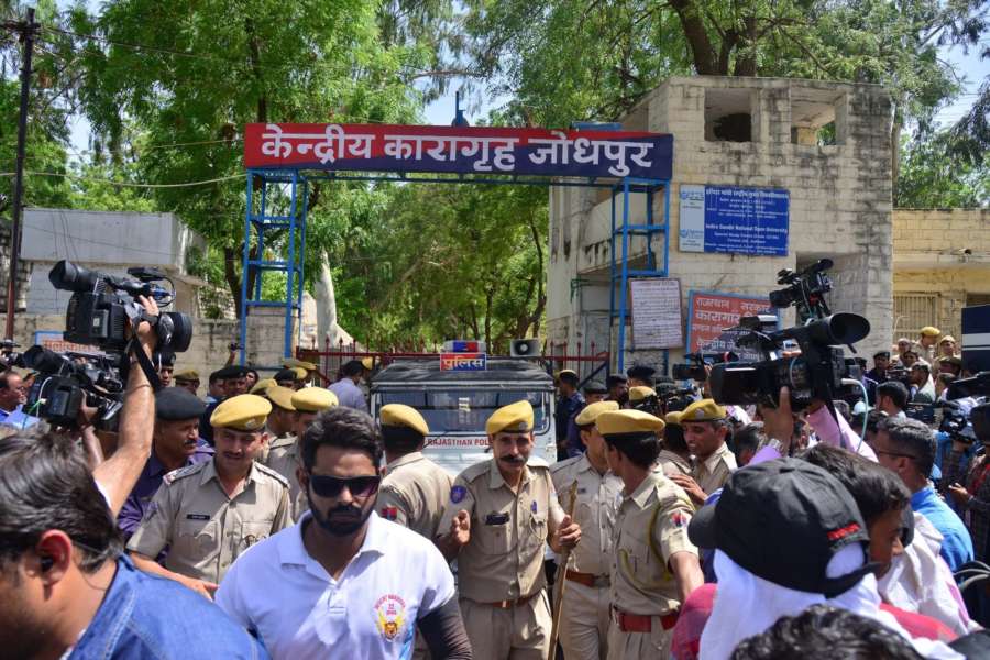 Jodhpur: Self-styled godman Asaram Bapu being taken to be produce before Jodhpur court, outside Jodhpur Central Jail on April 25, 2018. Asaram was on Wednesday convicted by a Jodhpur court for raping a minor girl at his ashram here in Rajasthan in 2013 and sentenced to a life term. Asaram, lodged in Jodhpur Jail in Rajasthan after his arrest in 2013, has been accused of sexually assaulting a 16-year-old girl. He has denied the charge. (Photo: IANS) by . 