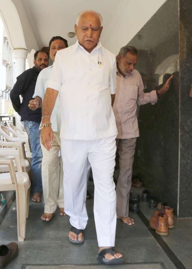 Bengaluru: BJP's Chief Ministerial candidate B.S. Yeddyurappa arrives to address the media after he was elected to the Karnataka Assembly from Shikaripura by 35,397 votes; in Bengaluru on May 15, 2018. Yeddyurappa, 75, defeated Congress nominee Goni Malatesha and seven others in his home constituency. (Photo: IANS) by . 